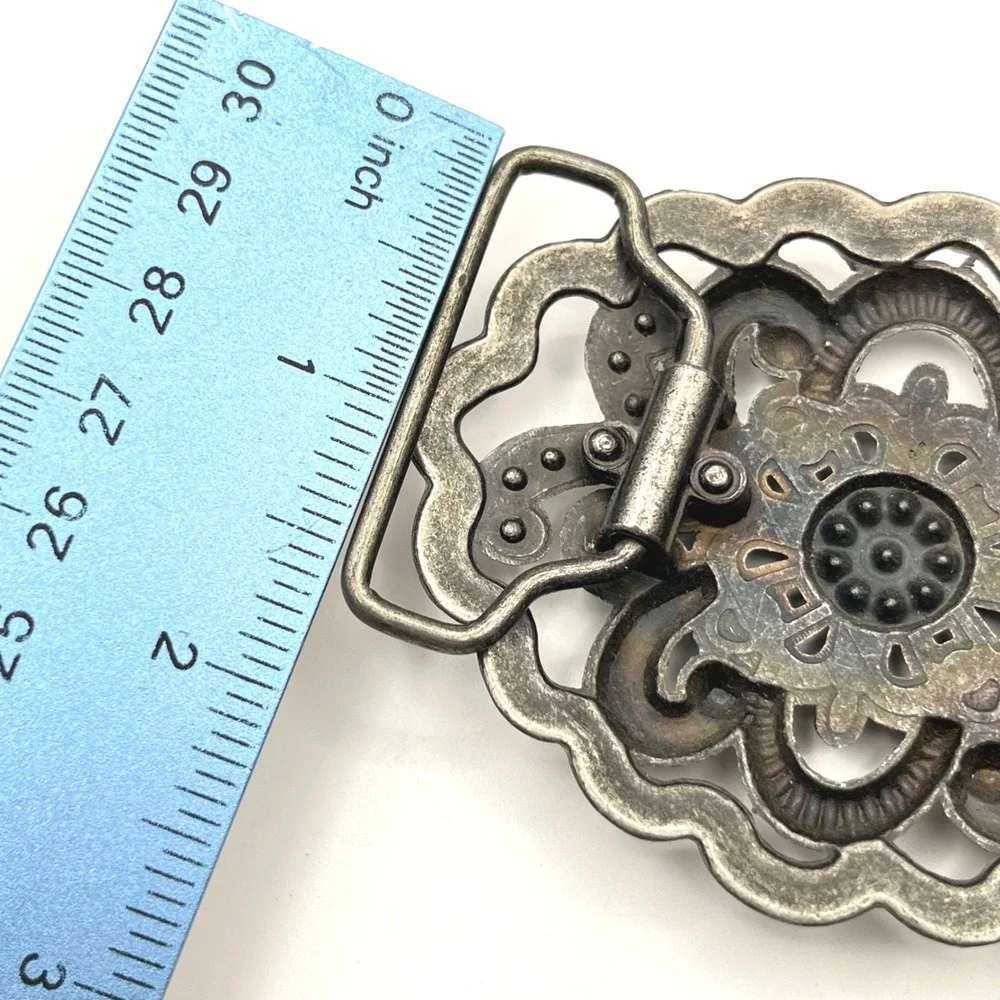 Vintage Silver Tone Floral Filigree Belt Buckle Pink‎ Blue Rhinestone 3.25in